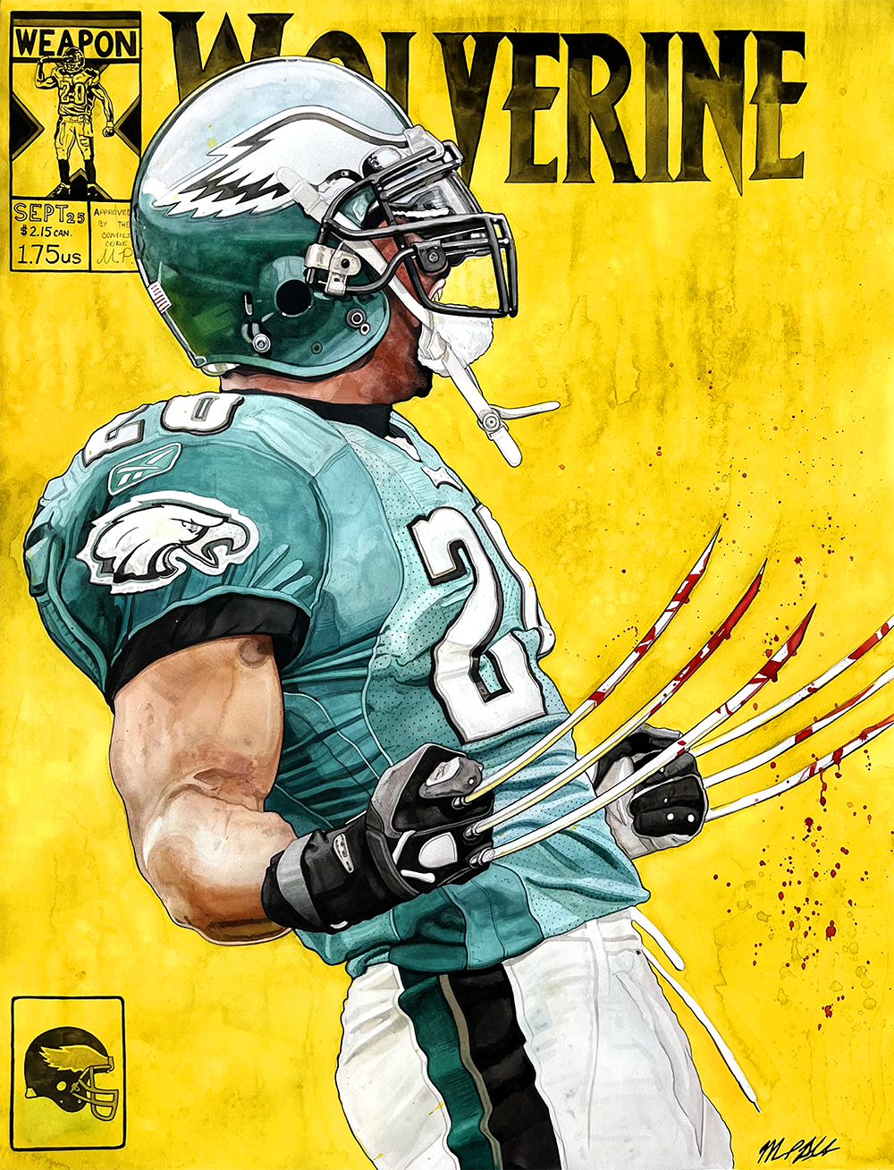 Illustration of a superhero character in a football uniform with a yellow background